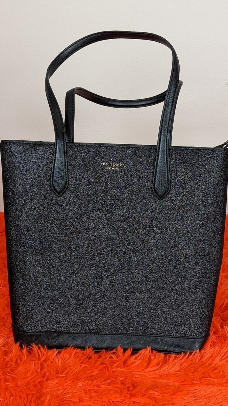 NWOT Kate Spade Large Glitter Tinsel Fabric Shoulder Tote K9338 Black